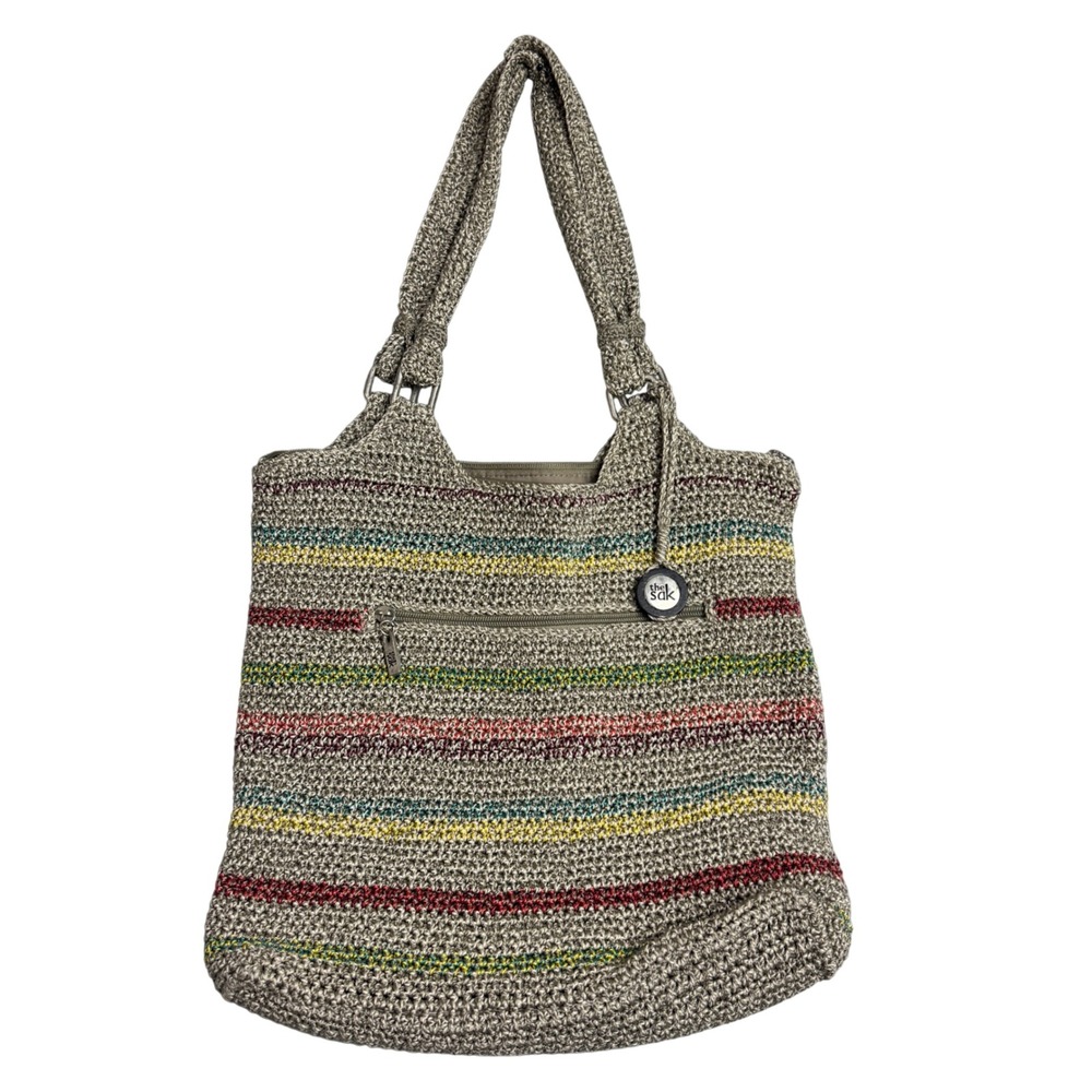 The Sak Crochet‎ Knit Shoulder Tote Bag Gray Stripe Boho Zip Top Purse 14x12